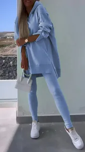 Stylish light blue women's two-piece set with hooded sweatshirt and matching leggings