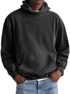 Men Vintage Washed 100% Cotton Hooded Sweatshirt Oversized Pullover Heavyweight Hoodie With Kangaroo Pocket
