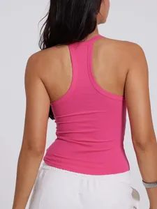 Detailed back view of a fuchsia ribbed racerback athletic tank top for women.