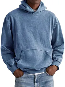 Close-up view showing the vintage stone-washed texture of this casual blue cotton hoodie.