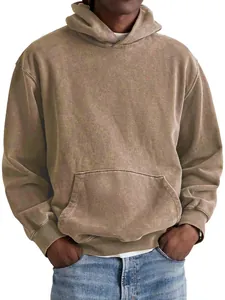 Close-up detail of a vintage washed brown cotton hoodie for men showing fabric texture