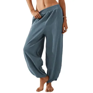 Relaxed fit women's high waisted solid color lantern pants in muted blue finish