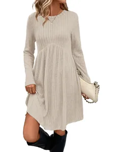 Long sleeve round neck high waist rib-knit mini dress for women in solid beige color