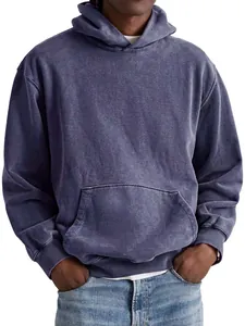 Men's vintage acid wash cotton hoodie in deep purple, casual relaxed fit sweatshirt.