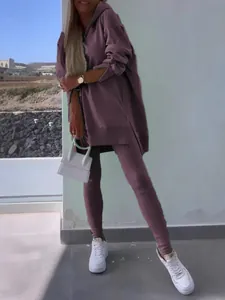 Women's casual two-piece tracksuit set with side slit hoodie and leggings in mauve color