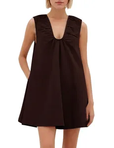 Detailed view of dark brown sleeveless V-neck dress with elegant pleated neckline