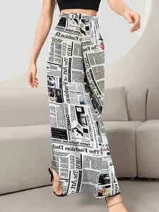 Chic high-waisted wide-leg trousers featuring a unique vintage newspaper print