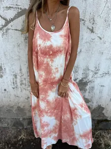Γυναικείο Tie-Dye Φόρεμα Maxi με Τιράντες Διαβάθμιση Χρώματος Casual Αμάνικο Στρογγυλή Λαιμόκοψη Μακρύ Φόρεμα Με Τσέπες Καλοκαιρινό