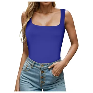 Détail du débardeur ajusté à col carré pour femmes en bleu roi de style européen et américain