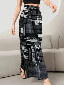 Detailed view of high-waisted wide-leg pants featuring a vintage newspaper print design.