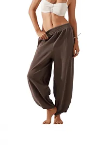 Women's loose casual solid brown lantern pants with elastic waist and pockets
