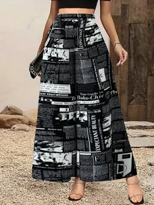 Detail showing the drape and 3D newspaper print of the high-waisted wide-leg trousers