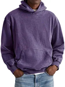 Close-up detail of a men's vintage washed purple oversized hoodie with kangaroo pocket