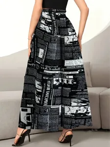 Stylish high-waisted wide-leg trousers for women with a unique 3D newspaper print