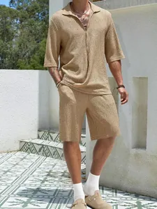 Completi Casual da Uomo Due Pezzi Camicia a Maniche Corte Strutturata e Pantaloni Lunghi Top And Bottom Tinta Unita Estate Moda Urbana