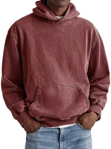 Detailed view of the fabric texture and hood of a maroon vintage acid-washed men's hoodie