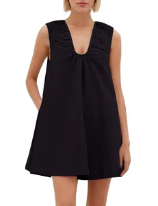 Detail view of the elegant black V-neck sleeveless dress with pleated neckline