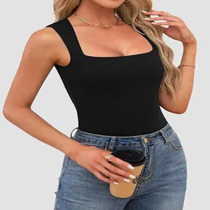 Débardeur Femme Style Occidental Coupe Ajustée Col Carré Sans Manches Polyester Couleur Unie Streetwear Été Minimaliste Haut
