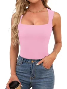 Débardeur rose ajusté chic à encolure carrée pour femme idéal pour le style décontracté