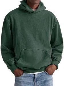 Mens vintage washed cotton hooded sweatshirt in forest green with kangaroo pocket design