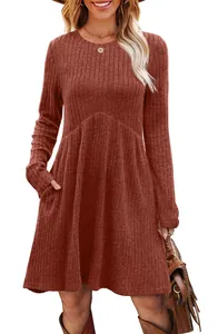 Women's long sleeve ribbed knit mini dress with pockets and high waist in rust brown