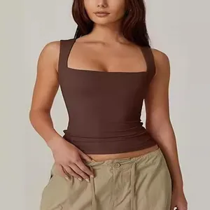 Débardeur chic moderne ajusté à col carré pour femme de couleur marron terreux uni