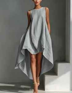 Close-up of elegant grey sleeveless high-low dress with flowy linen fabric texture