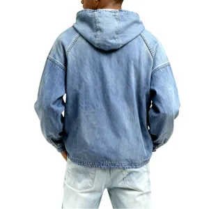 Back view of a men's vintage washed denim hoodie with loose fit and cotton texture