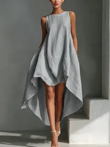 Elegant grey sleeveless dress featuring an asymmetric high-low hem and side pockets