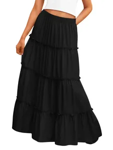 Elegant black tiered maxi skirt with pleated texture and a comfortable elastic waist