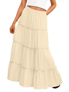 Elegant cream tiered A-line maxi skirt with pleated bohemian layers for summer