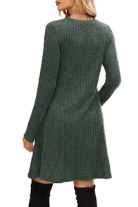 Detailed back view of a dark green ribbed long-sleeved dress with soft knit texture.
