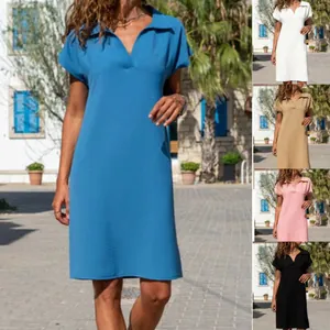 Casual polo collar cotton linen mini dress in various solid colors shown on model