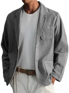 Close-up of a grey casual men's jacket featuring a retro loose fit and pocket detail