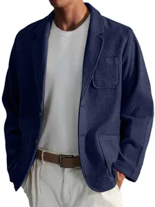 Detailed close-up of navy blue men's retro casual blazer with pocket detail