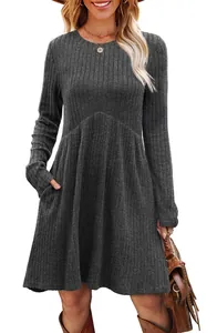 Detailed view of a dark grey long-sleeved ribbed dress with high waist and side pockets