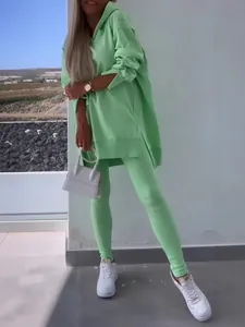 Women's casual two-piece lime green hooded sweatshirt and matching leggings sports set