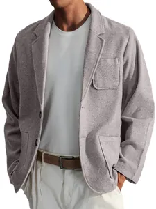 Close-up of men's grey casual jacket featuring textured fabric and pocket detail