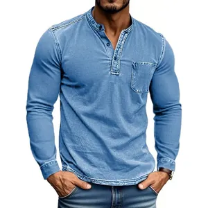 Men's blue slim fit Henley long sleeve shirt detail with chest pocket and washed finish