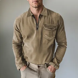 Vintage men's denim half-zip shirt featuring a classic lapel and functional chest pocket