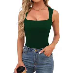 Canotta da donna attillata senza maniche con scollo quadrato in elegante verde scuro