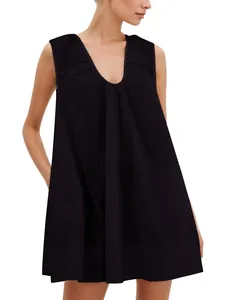Women's black sleeveless mini dress with deep V-neck and pleated details, chic minimalist style