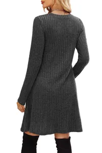 Back view of a charcoal grey ribbed long sleeve mini dress featuring a crew neck design