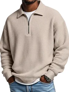 Men's waffle knit half-zip polo shirt in retro khaki, featuring a textured casual style