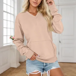 Oversized V-Ausschnitt Sweatshirt für Damen mit Tasche und Rippbündchen in Pfirsich