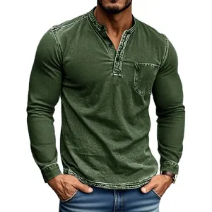 Slim fit men's olive green long sleeve Henley shirt with distressed acid wash effect