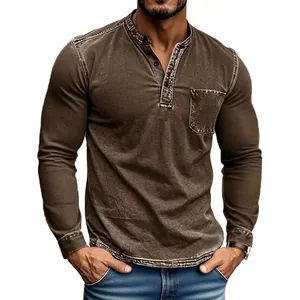 Close-up of men's slim fit Henley long-sleeve shirt with distressed vintage texture