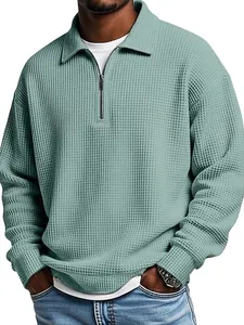 Men's retro waffle knit polo shirt with half-zip and lapel collar in dusty teal finish