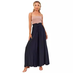 Elegant high-waisted wide-leg trousers for women with comfortable elastic drawstring waist