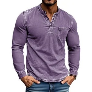 Close-up detail showing the texture of a men's purple distressed Henley shirt with chest pocket